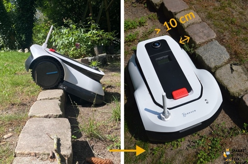 ECOVACS GOAT G1 fährt links eine Stufe herunter, rechts hält er 10 cm Abstand zur Stufe